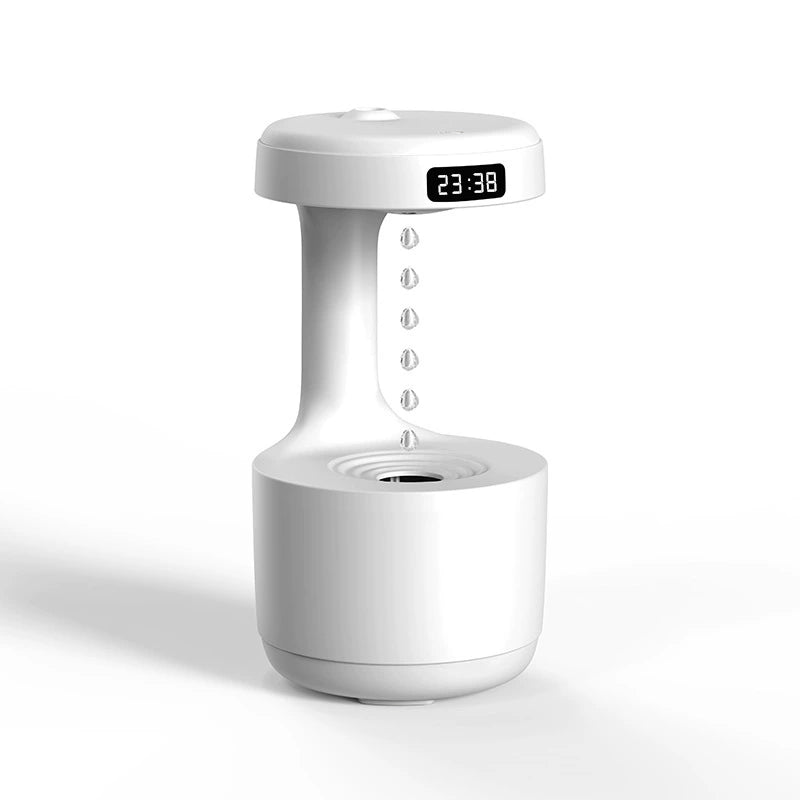 Umidificador de Ar com Efeito Anti-Gravidade, Aromatizador, Relógio LED e Bivolt (110/220V).